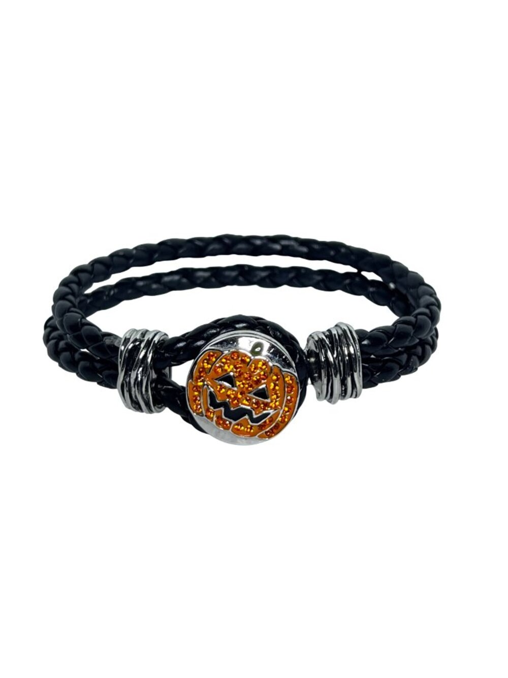 Magnolia And Vine Black Leather Snap Bracelet W/ Jack O Lantern Charm (6505)